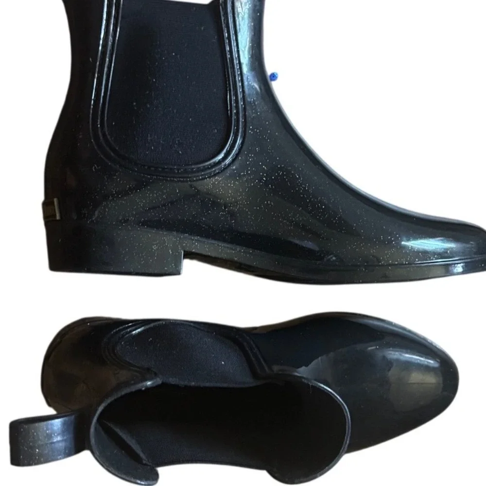 Juicy Couture Rori Black Sparkle Ankle Rain Boots Gold toned logo Elastic Side 6